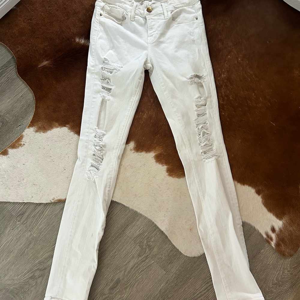 FRAME Le Skinny de Jeanne White Distressed Jeans, size 26